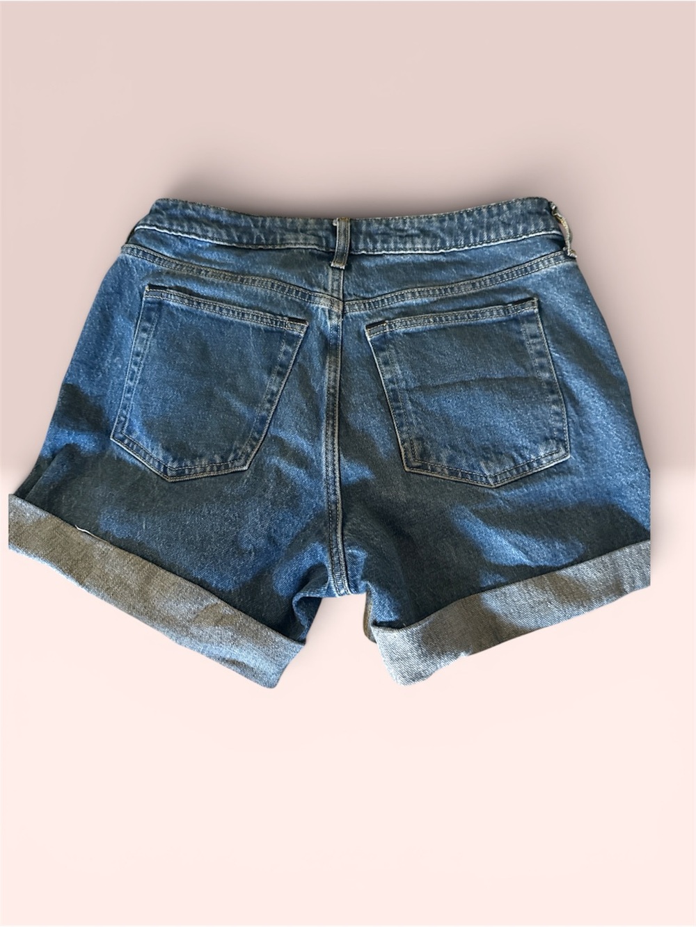 Classic Mid Waist Denim Roll-Cuff Shorts - Blue size 10